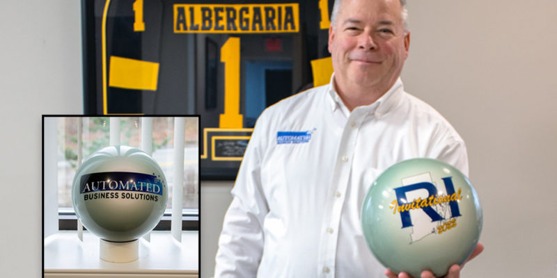 Mike Ardry President of ABS holding a keepsake from RI Invitational 2022 Bowling Tournament